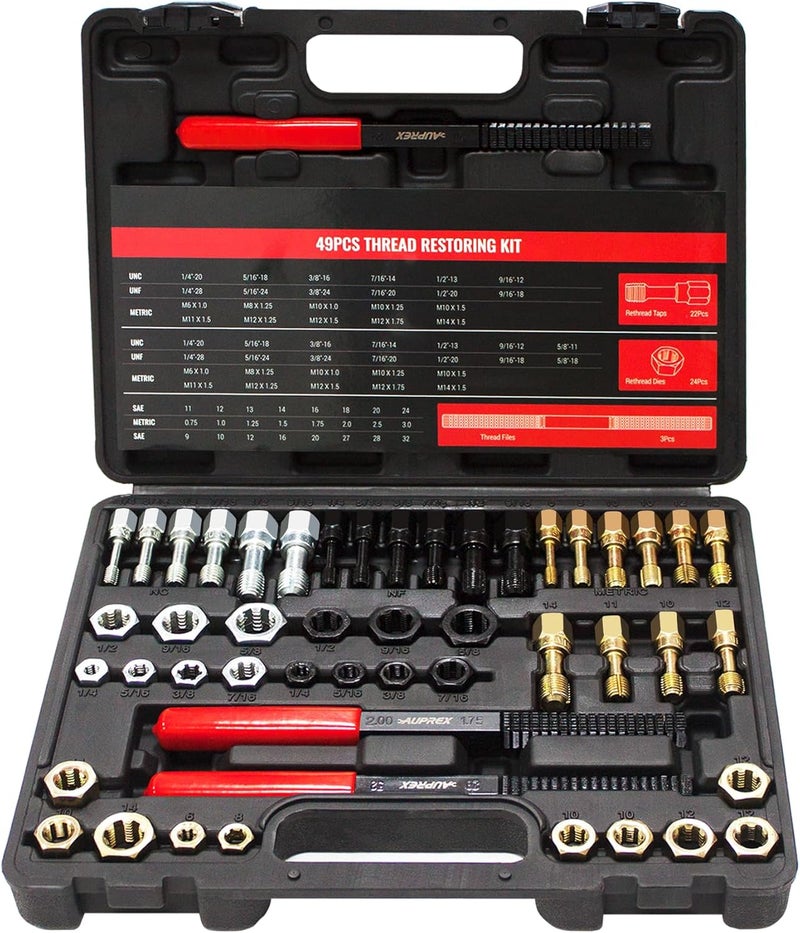 AUPREX 49Pcs Thread Chaser Set, UNC, UNF & Metric Thread Repair Kit with Taps, Dies and Thread Files for Re-Threading, Universal Metric and SAE Thread Chaser Kit - Image 1